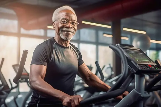 An old African American man goes in for sports with a gym. Healthy lifestyle