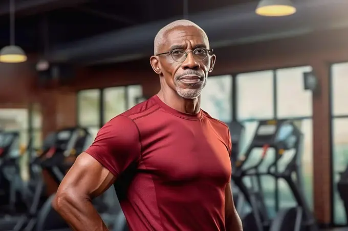 An old African American man goes in for sports with a gym. Healthy lifestyle