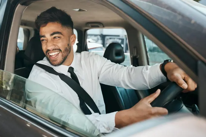 Business man, smile and driving car for morning commute, transportation and journey in traffic. Happy corporate indian male employee, travel and driver at steering wheel, auto vehicle or trip to work