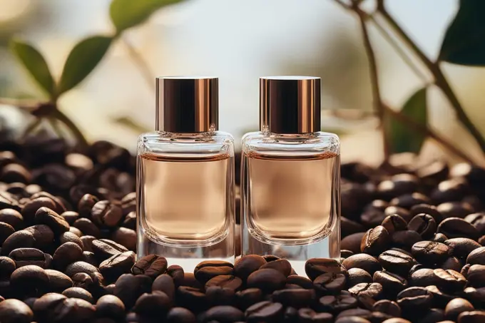 Bottle of perfume with roasted coffee beans. AI generated