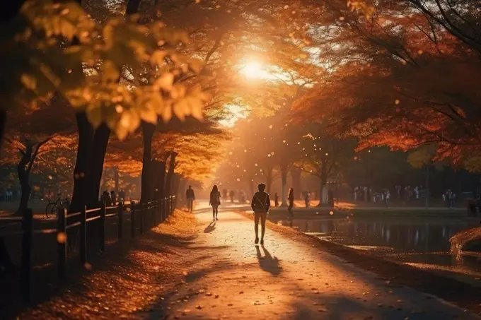 Autumn forest path. Orange color tree, red brown maple leaves in fall city park. Japanese culture. Generative Ai