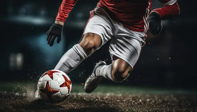 Close-up of a Leg in a Boot Kicking Football Ball. Professional Soccer Player Hits Ball with Fierce Power and Scores Goal, Grass Flying. Beautiful Cinematic Low Angle Ground Artistic Shot Copy space