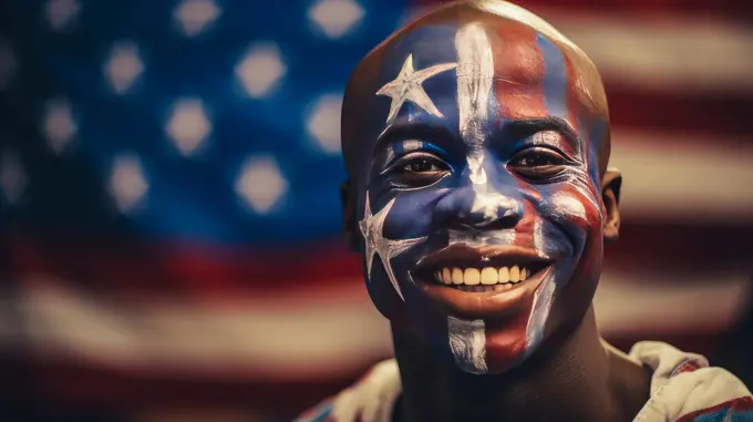 Smiling Afro black man with face paint painted in the color of the flag of the United States of America.