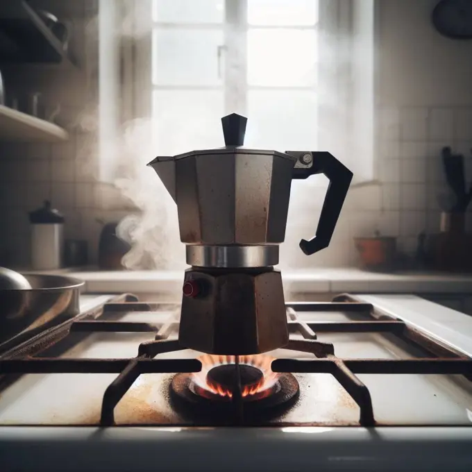 italian mocha coffee maker over stove smoking steam and aroma as coffee is ready in the morning