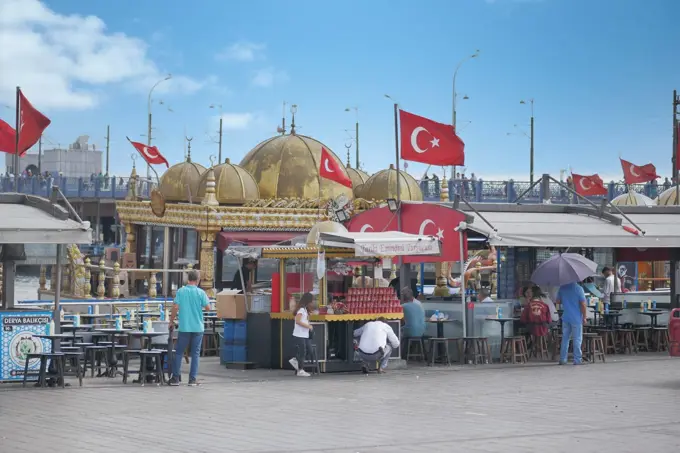 Turkey istanbul 16 july 2023. historical boats that sell fish in Istanbul