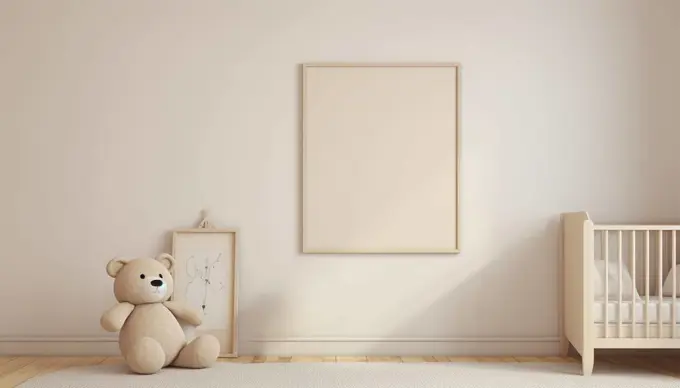 Nursery child's room light brown,nude color,creme interior Mockup wall in the children's room on wall.3D Rendering Bright stylish design cute and cozy