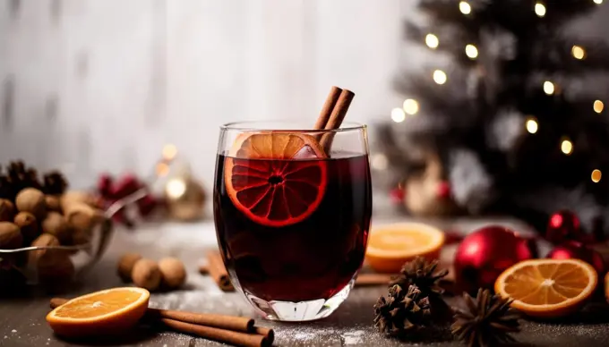 Christmas mulled wine delicious holiday like parties with orange cinnamon star anise spices. Traditional hot drink or beverage, festive cocktail at X-mas or New Year gluhwein winter design copy space