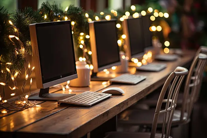 three computer monitors on a desk with christmas lights