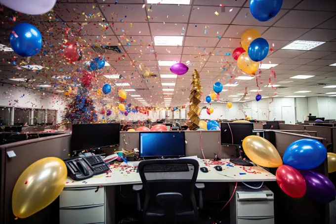 an office decorated with balloons and a christmas tree