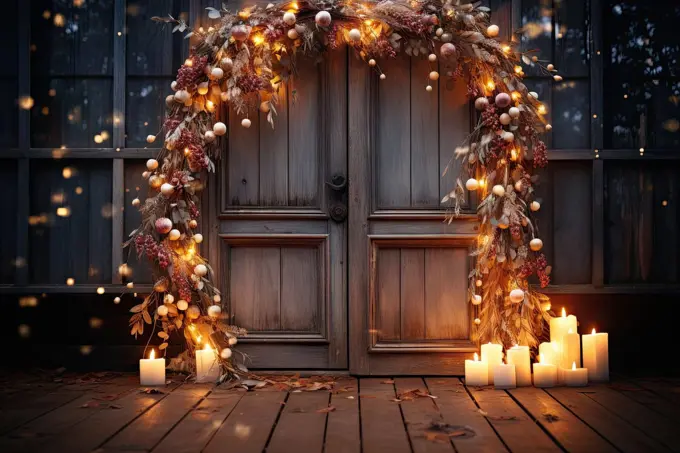 a christmas arch with candles and christmas lights