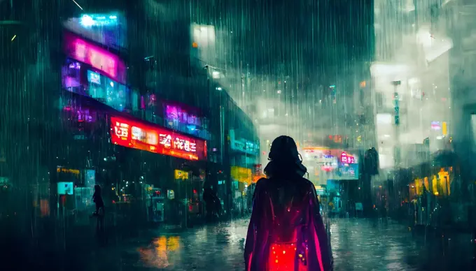 woman in raincoat in cuberpunk city street at rainy night, neural network generated art