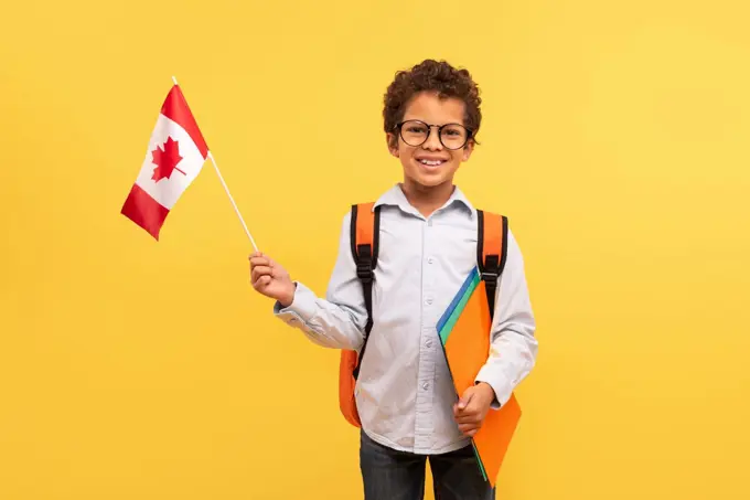 Proud schoolboy holding Canadian flag on yellow background