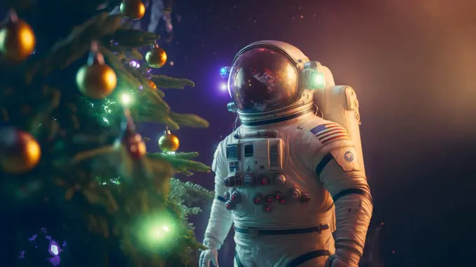 unrecognizable astronaut stands next to decorated christmas tree, neural network generated art