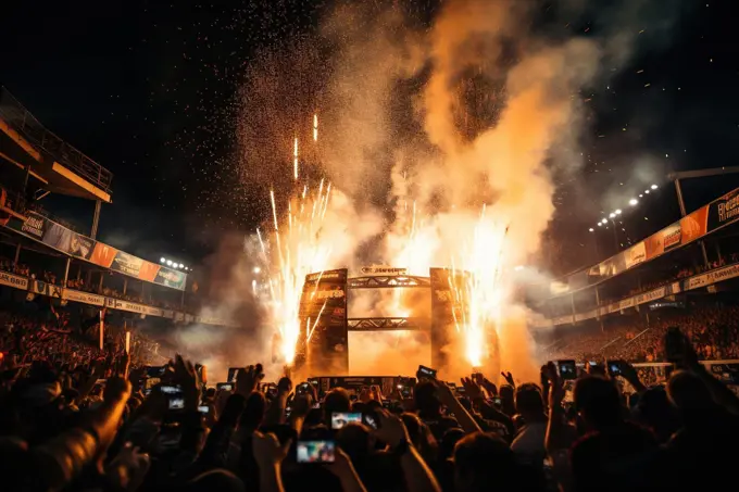 Rear view of the audience, crowd of people, fans, near the stage in the evening. Concert, sporting event. Generated by artificial intelligence