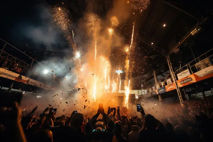 Rear view of the audience, crowd of people, fans, near the stage in the evening. Concert, sporting event. Generated by artificial intelligence