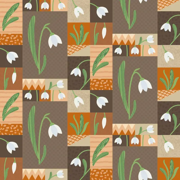 Floral geometric vector seamless pattern. Snowdrop illustration. Spring flowers trendy abstract patchwork background. White winter flowers in flat style with painted texture, brown color palette.