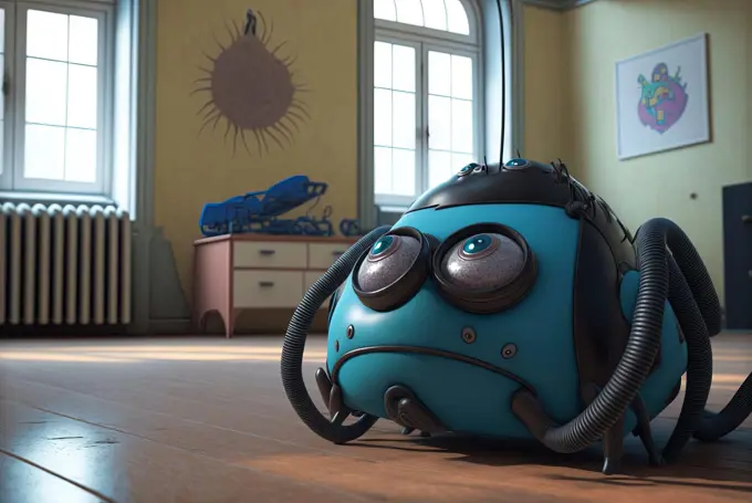 Vacuum cleaner cute and funny monster in the room. Dustsucker mascot character. Generated AI.