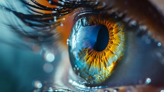 yellow and blue eye close up with drops on eyelashes, generative ai