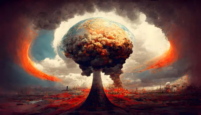 nuclear war, mushroom cloud above city, neural network generated art