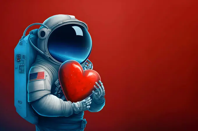 cosmonaut in space suit holding red heart, neural network generated art