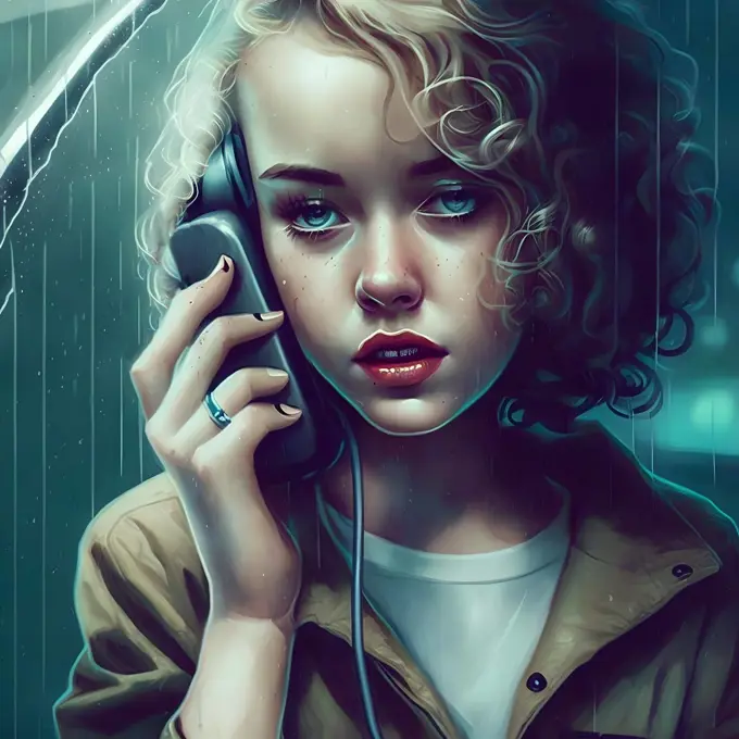 curly blonde young caucasian woman talking on the phone under rain, neural network generated art