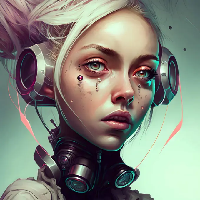 young caucasian female cyborg in futuristic cybernetic headphones, neural network generated art