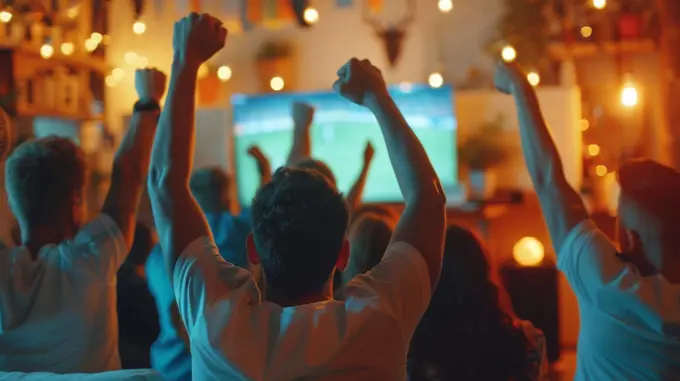 Sport fans Celebrating Goal in Home Soccer Match Viewing. Generative AI