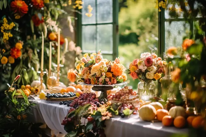 Country life, fruit garden and floral decor, autumnal flowers and autumn fruit harvest celebration, country cottage style, post-processed, generative ai