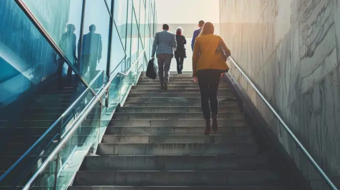 A group of people are walking up a set of stairs. The stairs are made of stone and the people are carrying backpacks. Scene is casual and relaxed