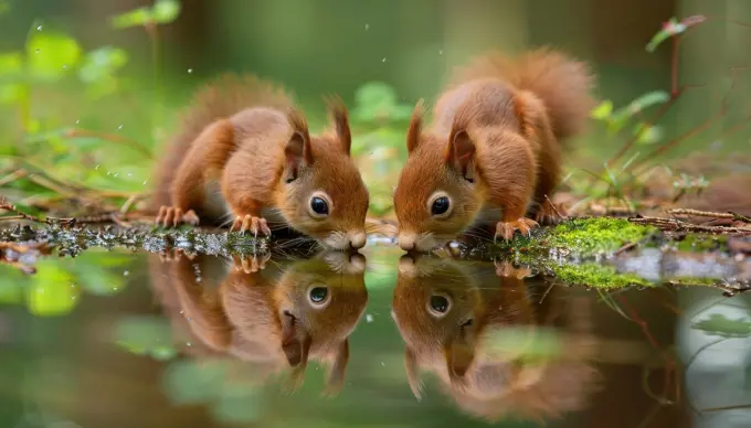 Two baby squirrels drinking water from a pond by AI generated image.