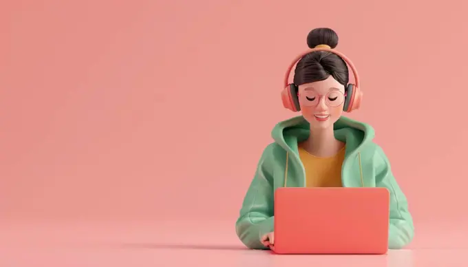 A woman is sitting in front of a laptop with headphones on by AI generated image.