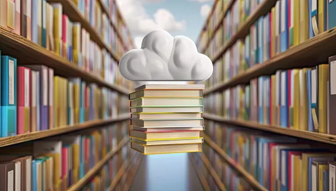 A stack of books is on top of a cloud, which is floating in a library by AI generated image.