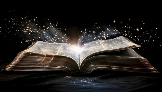 Open Bible with light emanating from it, Concept of spiritual enlightenment by AI generated image.