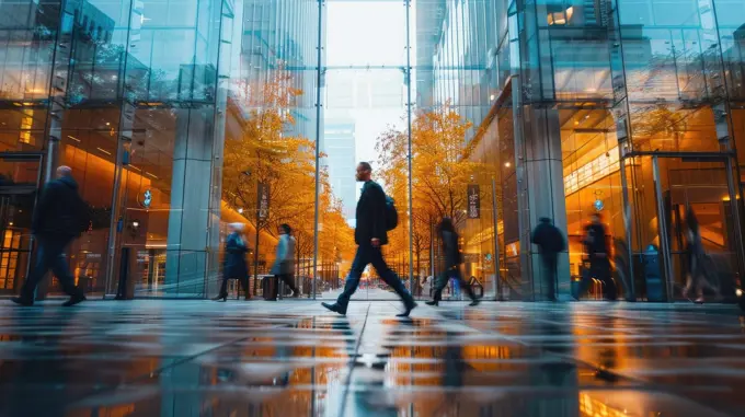 A businessperson walking alongside a glass-walled office building, with reflections and moving to the urban.