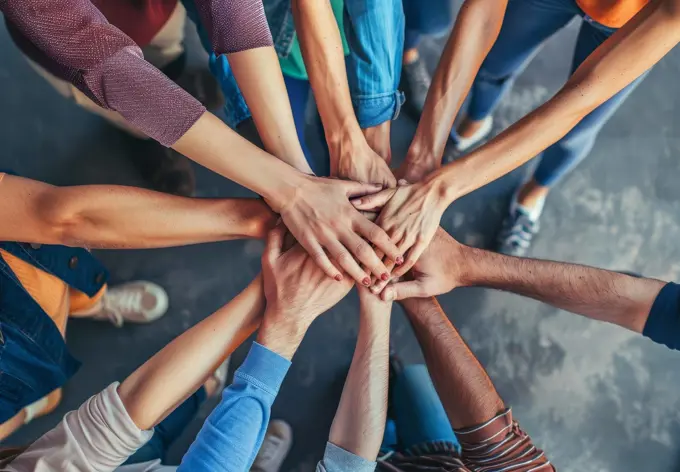 A group of people are holding hands in a circle by AI generated image.