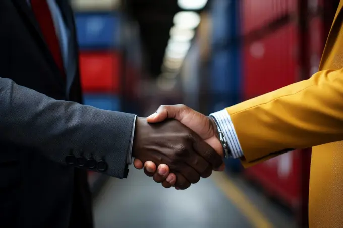 businessman handshake of business deal with logistic. Generative AI..