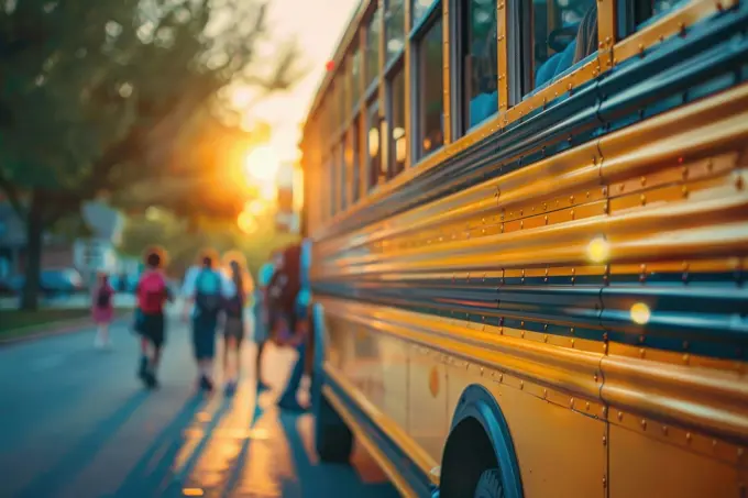 Back to school: Children step onto the school bus. Generative AI.