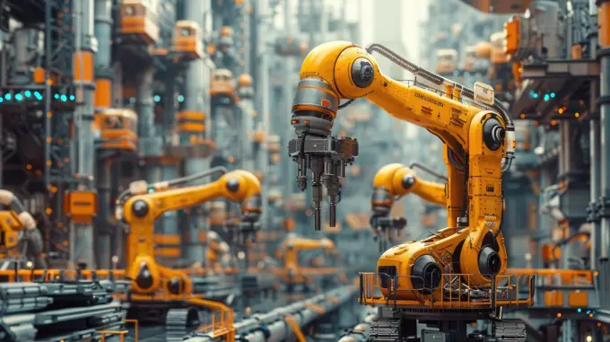 A yellow robot is in a factory with other robots. The robots are all yellow and are in a very industrial setting