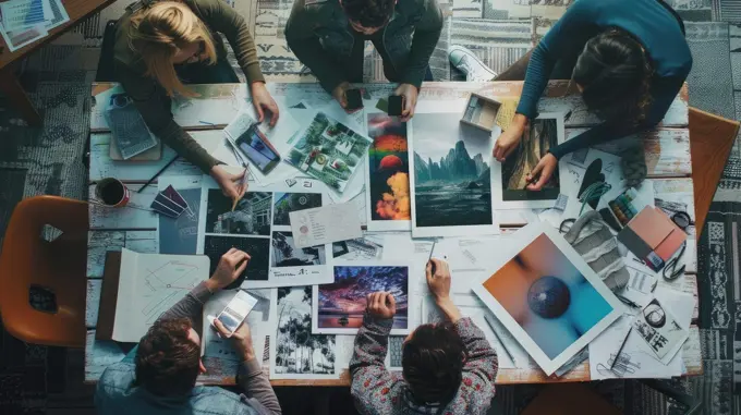 A group of people are sitting around a table with various pictures and objects on it. Scene is collaborative and creative, as the people are working together to create something