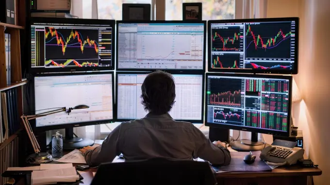 Dedicated investor analyzing stock market data with multiple monitors and financial reports on desk.