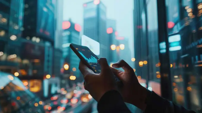 Person using smartphone with cityscape view through window, Urban investment check.