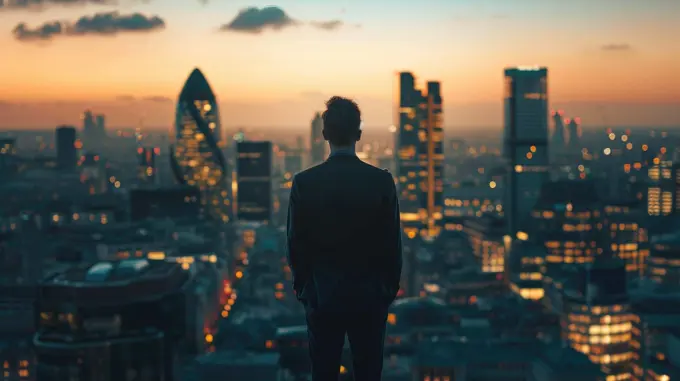 A man stands in the middle of a city at night, looking out over the skyline. The city is lit up with lights, creating a sense of energy and excitement. The man is lost in thought