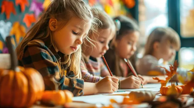 A group of children are sitting at a table and writing. The table is covered with fall decorations, including pumpkins and leaves. The children are using pencils to write on paper