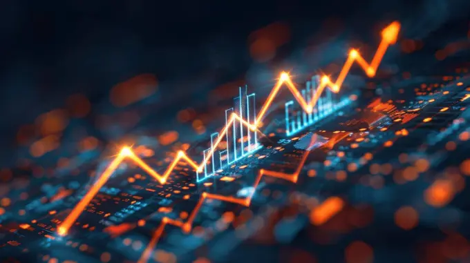 A computer screen with a graph of numbers and lines. The graph is orange and blue