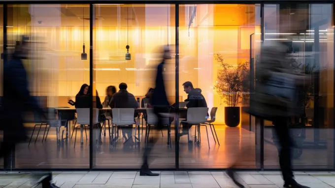 A group of people are walking past a restaurant with a large window.