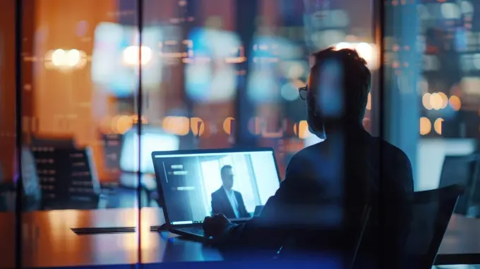 Modern Business Person in Virtual Meeting Conferencing Room with Digital Screens and Soft Lighting.