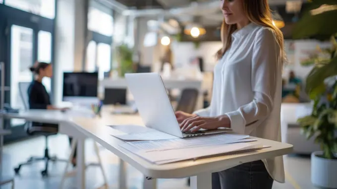 Productive Business Professional Reviewing Documents on Laptop at Standing Desk in Modern Office with Blurred Background of Coworkers.