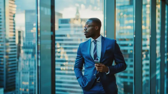 A man in a suit and tie is standing in front of a window in a high rise building. He is holding a cell phone in his hand