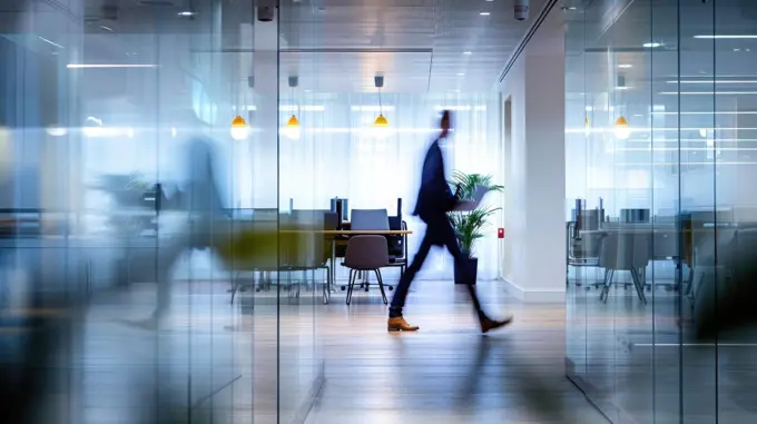 Energetic Business Professional Walking Through Contemporary Office with Laptop in Motion Blur Effect.