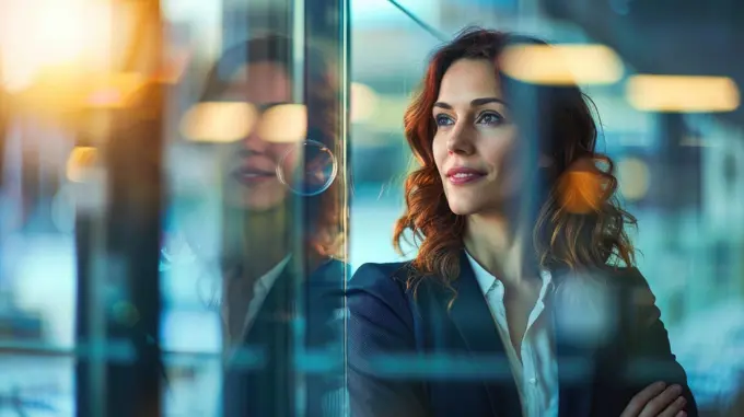 Confident businesswoman standing in front of a window in a high rise building.